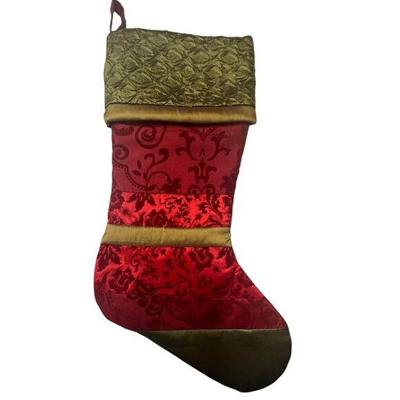 Vintage Satin Christmas Stocking Red Green Holiday Embroidered Damask Victorian - Picture 5 of 5